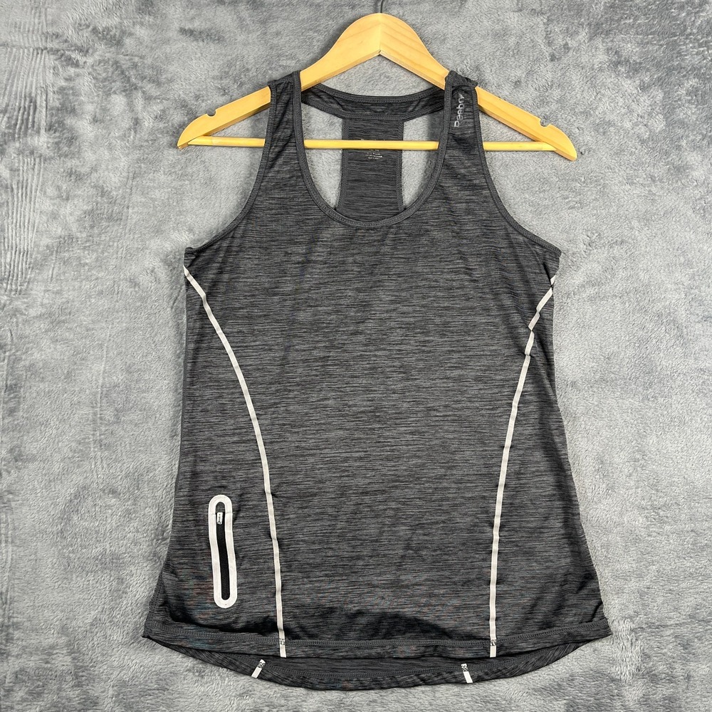 Reebok Athletic Tank Top Womens Medium Gray Space Dye Racerback Reflective Trims